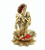White Whale Aluminium Radha Krishna Idols Standing on Lotus Flower with Playing Flute Gold Plated for Home Decor Showpiece (Medium)