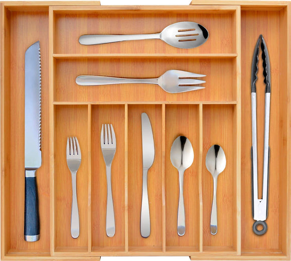 White Whale Drawer Dividers silverware tray Expandable Utensil Cutlery Tray Wooden Adjustable Flatware Organizer Kitchen Storage Holder for Knives Forks Spoons Accessories Gadgets