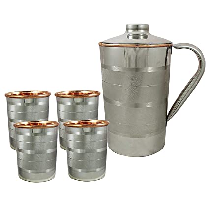 White Whale Pure Copper Luxury Jug (Outside Steel Jug ) with glasses, capacity 2100 ml.