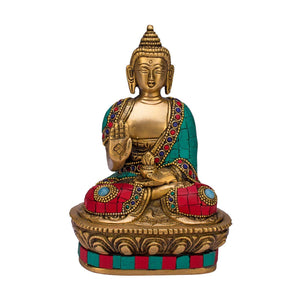 White Whale Brass Buddha In Blessing Posture with Sacred Kalash and Draped with Stone Embellished Shawl 6"inch