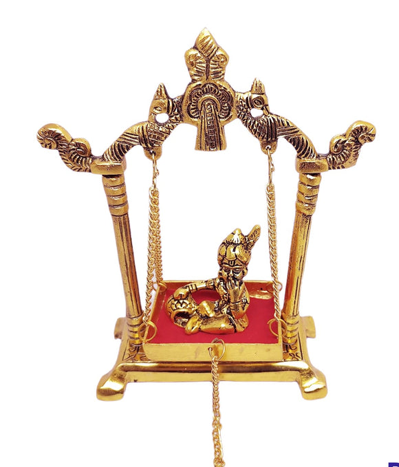 White Whale Laddu Gopal on Jhulla Palana Metal Statue Gold Plated Decor Your Home,Office Metal Krishna Murti,Showpiece Figurines,Religious Idol Gift Article.