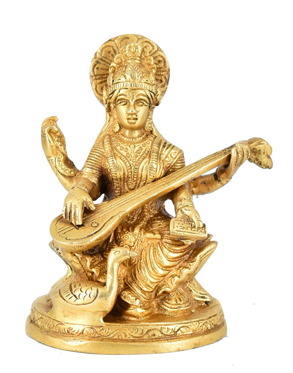 White Whale Maa Saraswati Brass Statue Religious Goddess Sculpture Idol Home Décor