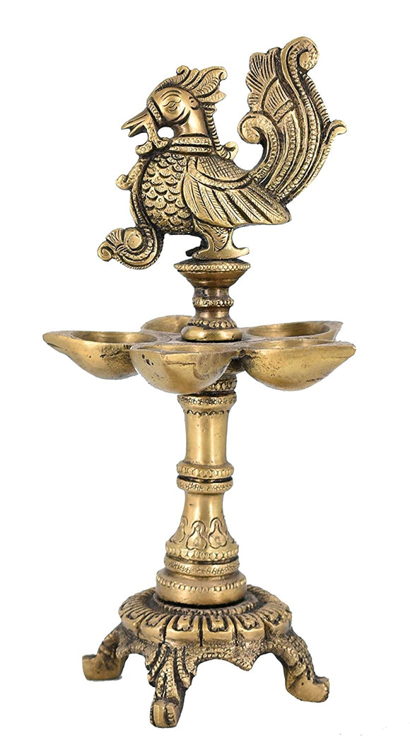 White Whale Brass Peacock Design 5 Oil Wick Diya (8.5 inches)