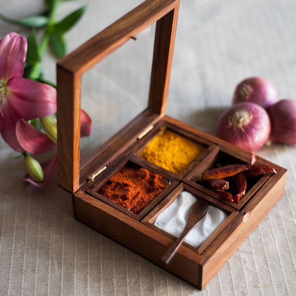 Whitewhale  Handmade Wooden Spice box with Clear Hinged Lid Tea Masala Chest