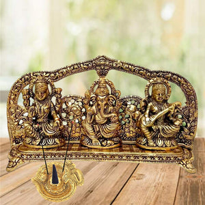 White Whale Metal Laxmi Ganesh Saraswati Idol, 14 cm x 26 cm x 5 cm, Gold