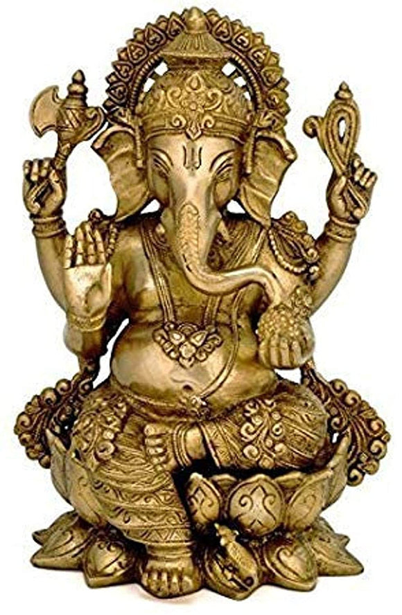 White Whale Brass Lord Ganesha Sitting On Lotus Statue Idol Home Decor Figurine (12 Inches)