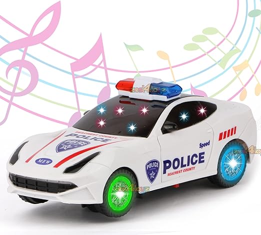 White Whale Dancing Toy Car 360 Degree Rotating Police Car with 3D Flashing Light & Sound, Bump N Go Action & Openable Door Musical Toy for 1 Year Old Kid