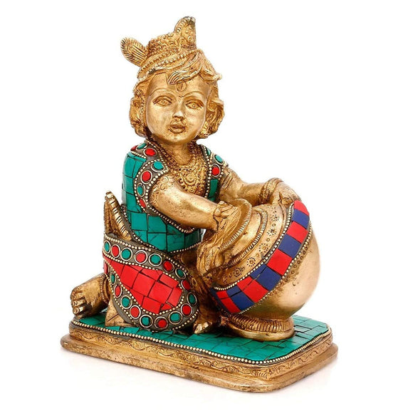 White Whale Brass Krishna Idol Hindu God Brass Sculpture Makhan Krishna Statue Decor Gift Statue Home Decor Figurine