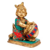 White Whale Brass Krishna Idol Hindu God Brass Sculpture Makhan Krishna Statue Decor Gift Statue Home Decor Figurine