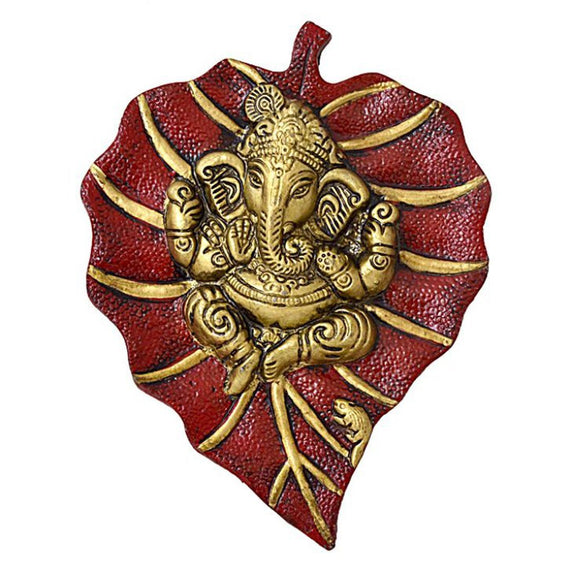White Whale Lord Ganesh Ganapati The Elephant god Statue Figure on Leaf in Metal Wall Hanging Great Diwali