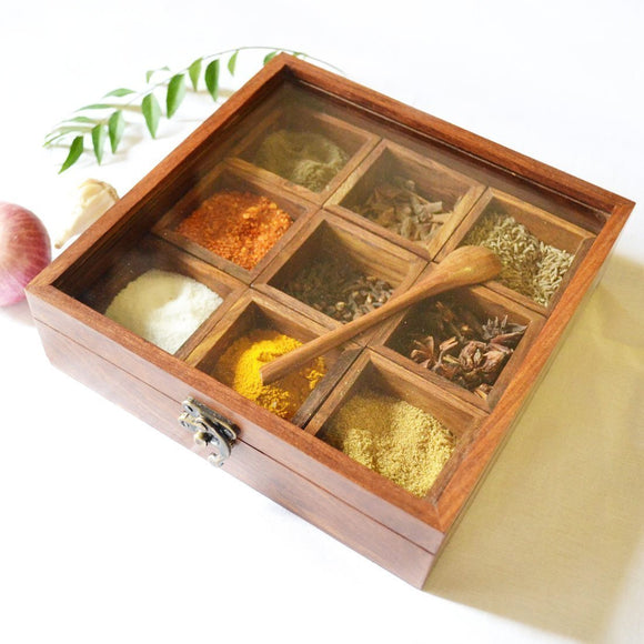 Whitewhale  Handmade Wooden Spice box with Clear Hinged Lid Tea Masala Chest