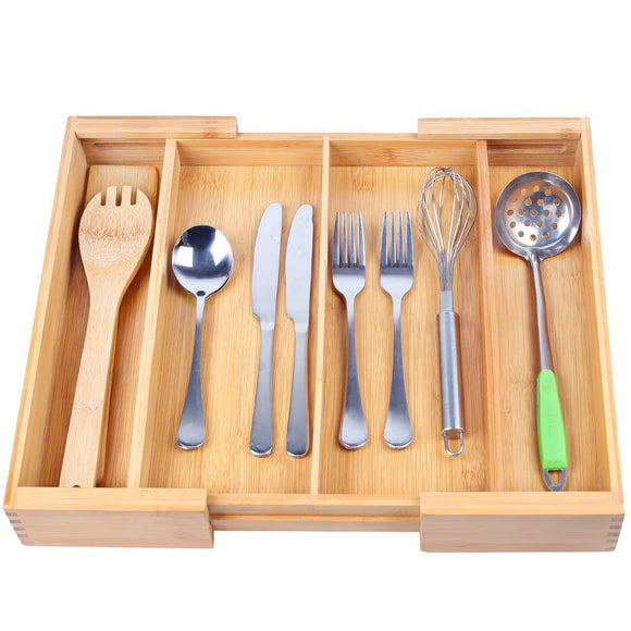 White Whale Drawer Dividers silverware tray Expandable Utensil Cutlery Tray Wooden Adjustable Flatware Organizer Kitchen Storage Holder for Knives Forks Spoons Accessories Gadgets