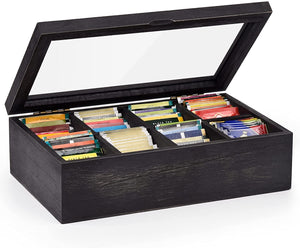 White Whale Tea Box Storage Natural Tea Chest Tea Bag Holder 8 Adjustable Tea Chest Compartments with Glass Window