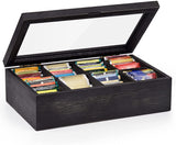 White Whale Tea Box Storage Natural Tea Chest Tea Bag Holder 8 Adjustable Tea Chest Compartments with Glass Window