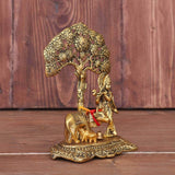 White Whale Metal Krishna with Cow Standing Under Tree Plying Flute Statue, 12x8x17cm, Gold, 1 Piece