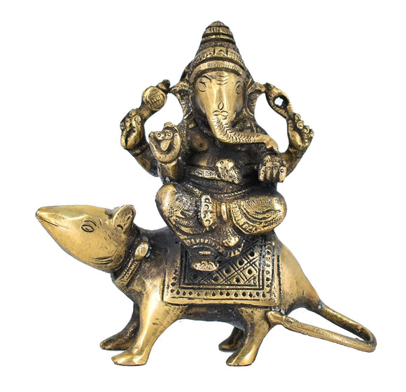 White Whale Brass Lord Ganesh Ganesha murti Sitting On Mushak Idol Handmade Statue Home Decor Gift