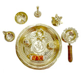 White Whale Gold Plated Brass Kuber Pooja Thali Set of 9 Pcs, Occasional Gift, Decorative Pooja Thali for Festival and Diwali Gift, Diwali Pooja Thali