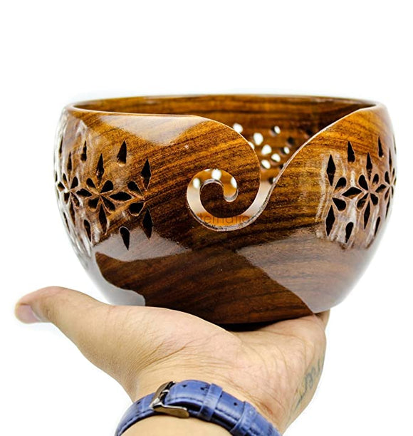 White Whale Handmade Indian Rosewood Wooden Yarn Bowl, Knitting Yarn Holder and Organizer - Perfect For Mother's Day! 6 x 3 Inches