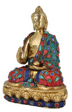 White Whale Brass Buddha in Blessing Posture Buddhism Idol With Multicolor Stone Work feng Shui Home Decorative Showpiece