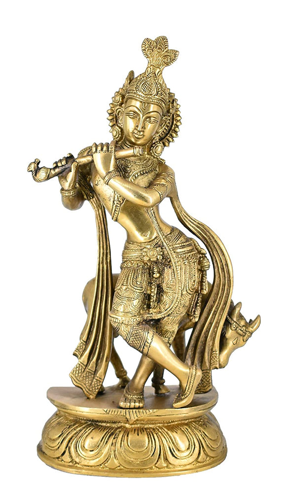 White Whale Lord Krishna with Cow Brass Statue Religious Strength God Sculpture Idol Home Decor Figurine