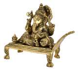 White Whale Lord Ganesha Resting on Royal Shofa Brass Statue Religious Strength God Sculpture Idol