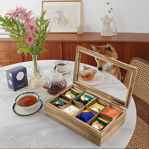 White Whale Tea Box Storage Natural Tea Chest Tea Bag Holder 8 Adjustable Tea Chest Compartments with Glass Window