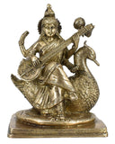 White Whale Brass Goddess Saraswati Sitting On Swan Statue Idol Home Decor Figurine