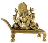 White Whale Lord Ganesha Resting on Royal Shofa Brass Statue Religious Strength God Sculpture Idol