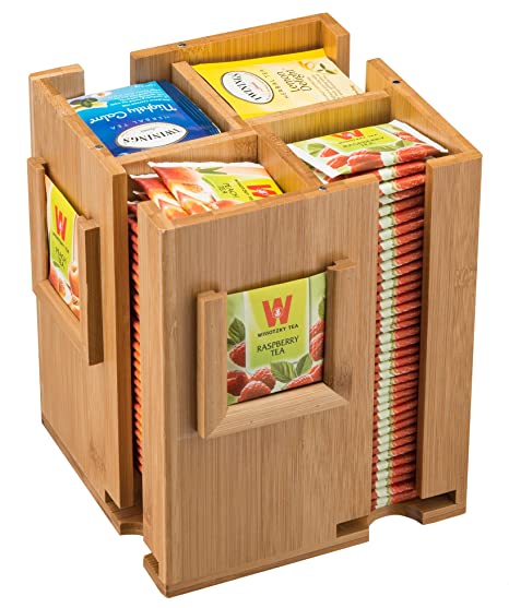 White Whale Tea Box Storage Organizer, 4 Compartment Wooden Teabag Holder Made of 100% Wooden  - Perfect Gift Idea.
