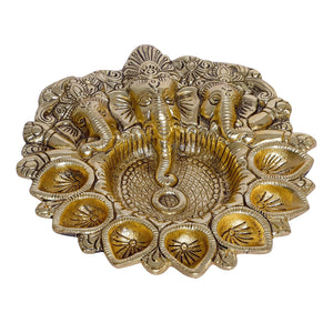 White Whale Metal Ganesha Puja Thali with Diya Ganpati Pooja Thali for Puja Room Mandir Temple Ganesha Murti Idol Pooja Thali for Diwali Poojan Decorative Showpiece