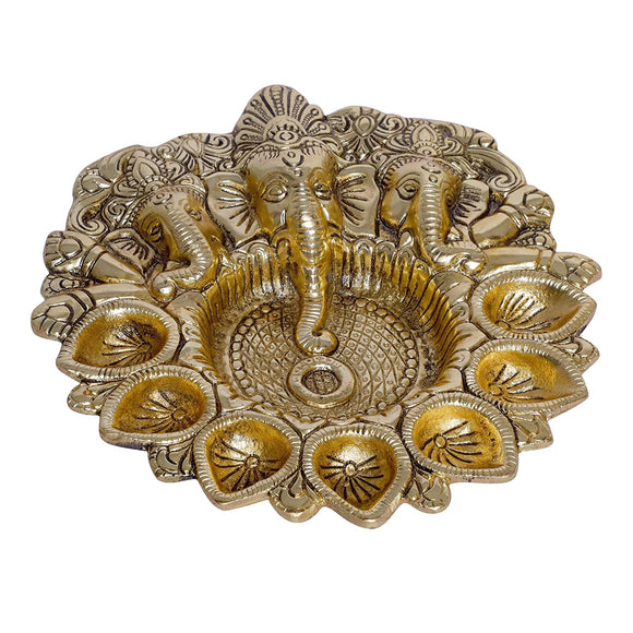 White Whale Metal Ganesha Puja Thali with Diya Ganpati Pooja Thali for Puja Room Mandir Temple Ganesha Murti Idol Pooja Thali for Diwali Poojan Decorative Showpiece