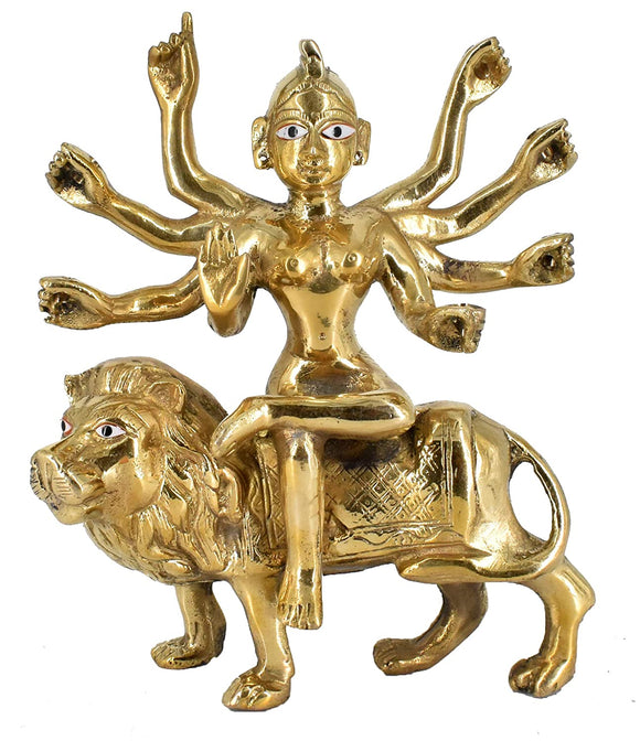 White Whale Brass Bangali Maa Durga/Bangali Ma Sherwali Idol Sitting On Lion Murti Religious Strength God Sculpture Idol