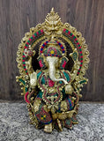 White Whale Lord Ganesh Murti Ganesha Idol Ganpati Brass Statue with Multicolor Stone Work for Home Decoration Showpiece