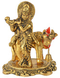 White Whale Metal Kamdhenu Cow with Krishna Statue for Home Decor/vastu Showpiece (Gold)