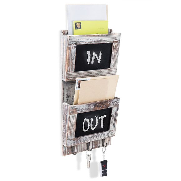 White Whale Wooden Wall-Mounted 2-Slot Mail Sorter Organizer with Chalkboard Surface & 3 Key Hook Rack