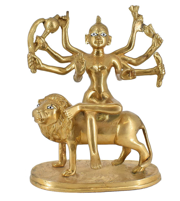 White Whale Brass Bangali Maa Durga/Bangali Ma Sherwali Idol Sitting On Lion Murti Religious Strength God Sculpture Idol