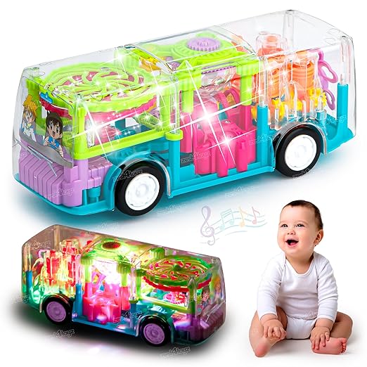 White Whale Transparent Gear Bus Musical Toy for Kids with 3D Light & Sound 360 Degree Rotating Battery Operated Toys