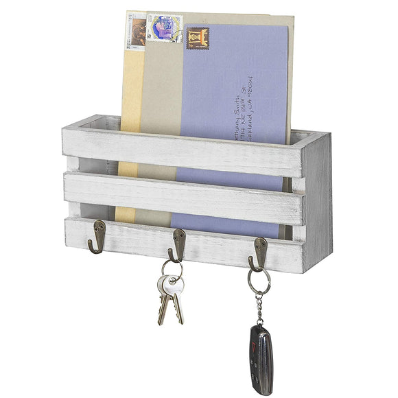 White Whale Wooden White Crate-Style Wall-Mounted Mail Sorter with 3 Key Hooks