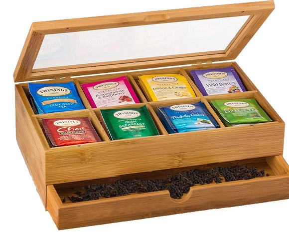 White Whale Wooden Tea Box Storage Organizer Taller Size Holds 120+ Standing or Flat Tea Bags