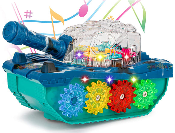 White Whale Musical Toy Battery Operated Transparent Gear Tanks Toys for Kids Electric Bump & Go with 3D Light Sound Toys (Pack of 1) Multicolor