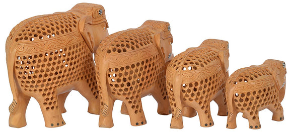 White Whale Wooden Jali Elephants with Baby Inside BABY Idol Feng Shui Good Luck Dignity worldwide Showpiece Gifts Set ( Pack of 4)