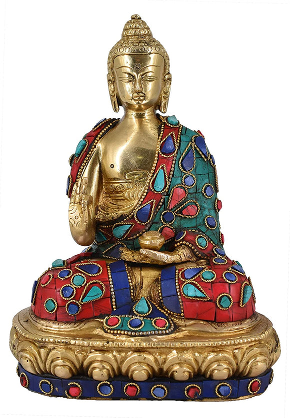 White Whale Brass Buddha in Blessing Posture Buddhism Idol With Multicolor Stone Work feng Shui Home Decorative Showpiece