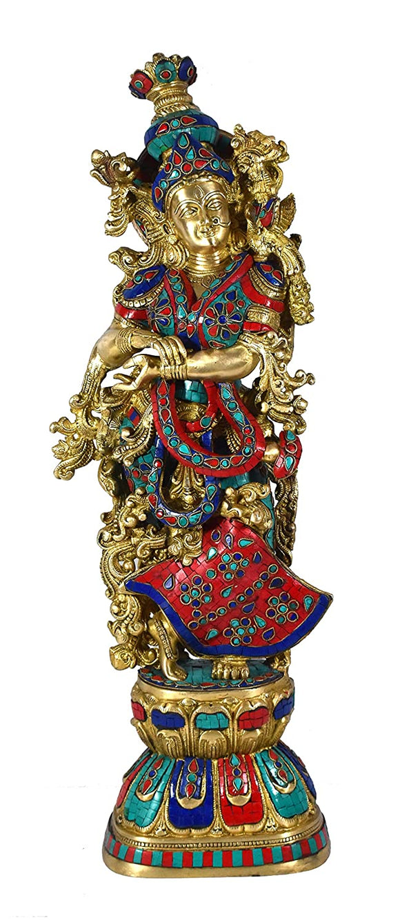 Whitewhale Brass Radha Statue Big Large Size, Big Large Size Brass Goddess Radha Idol with Stone Work, Indian Lady Sculpture - 29 Inches