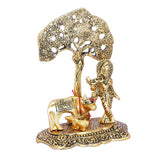 White Whale Kamdhenu Cow with Krishna Standing Under Tree Plying Flute Metal Statue (12 X 8 X 17 cm, Gold)