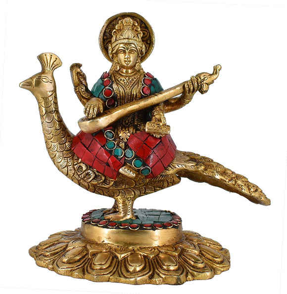 White Whale Maa Saraswati Sitting On Peacock Brass Statue With Multicolor Stone Work Religious Goddess Sculpture Idol Home Décor