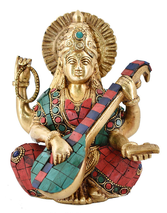White Whale Brass Goddess Saraswati Statue Idol Home Decor Figurine