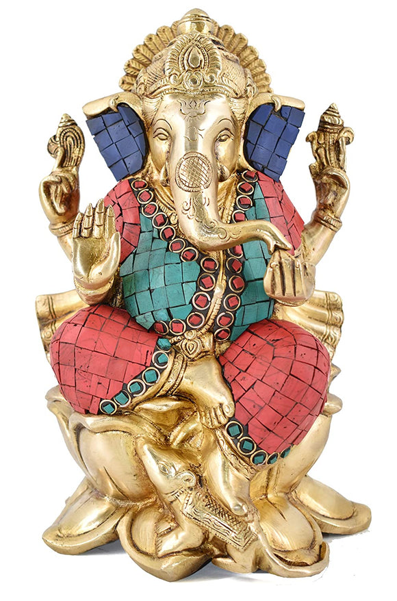 White Whale Brass Lord Ganesha  Sitting On Lotus Statue Idol Home Decor Figurine