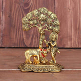 White Whale Metal Krishna with Cow Standing Under Tree Plying Flute Statue, 12x8x17cm, Gold, 1 Piece