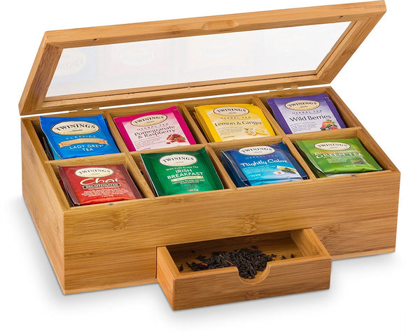 Whitewhale Tea Box Storage Natural Tea Chest Tea Bag Holder with Glass Window