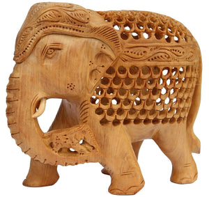 White Whale Wooden Jali Elephants with Baby Inside BABY Idol Feng Shui Good Luck Dignity worldwide Showpiece Gifts Set